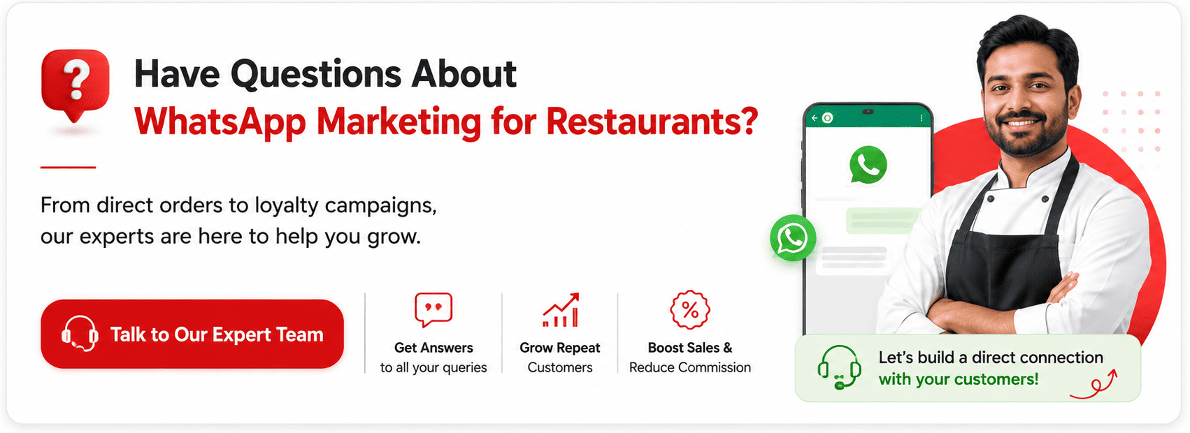 Restaurant WhatsApp marketing CTA banner encouraging restaurants to contact experts for direct ordering, loyalty campaigns, and customer retention strategies.
