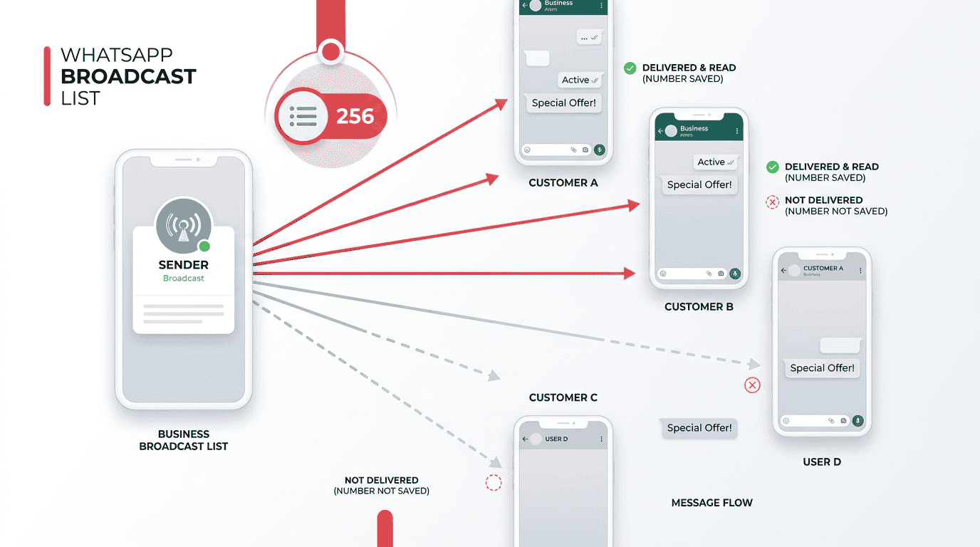 WhatsApp broadcast list illustration showing message sending limits and delivery restrictions based on saved contacts