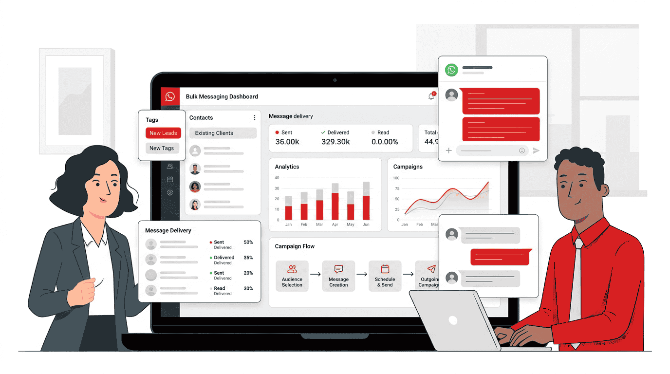 Business team using a WhatsApp campaign dashboard to send bulk messages at scale with analytics and automation
