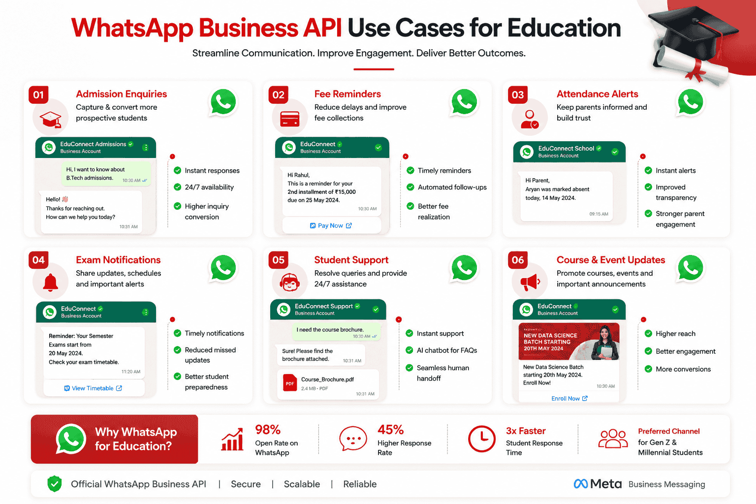 Infographic showing WhatsApp Business API use cases for education institutions including admissions fee reminders attendance alerts exam notifications and student support