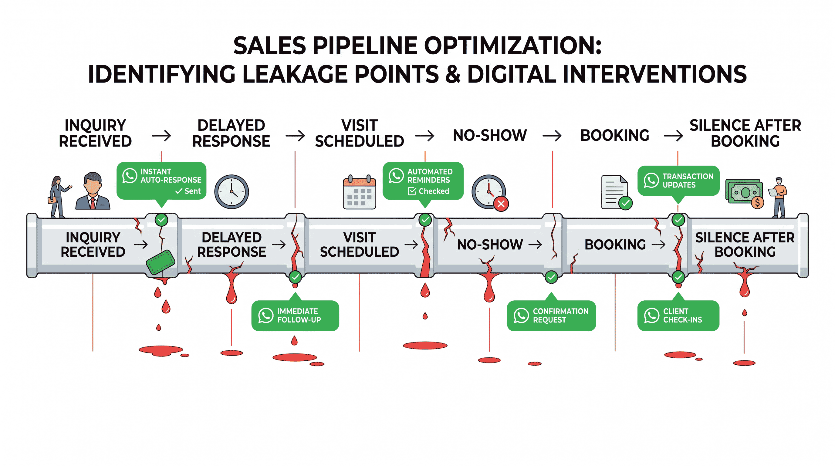 Funnel graphic showing real estate lead leakage from slow response, site visit no-shows, broker communication gaps, and post-booking drop-off, with WhatsApp touchpoints highlighted.
