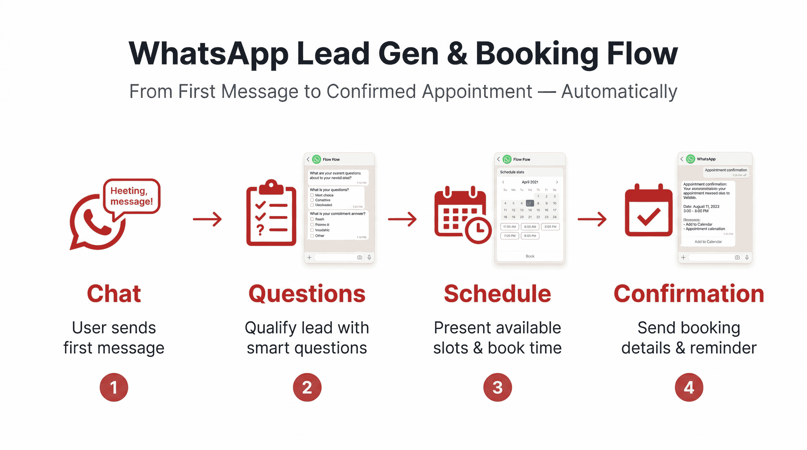 WhatsApp automated lead generation and booking flow infographic showing four steps: Chat, Questions, Calendar, and Confirmation, with a CRM auto-sync arrow loop at the bottom — zero manual work, 100% automated