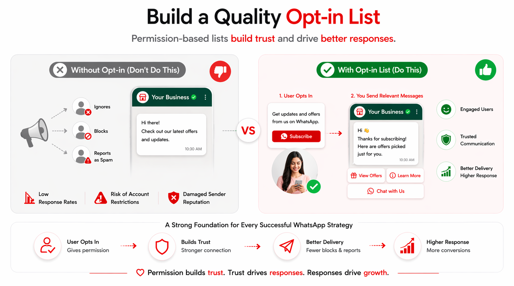 Infographic showing the importance of building a WhatsApp opt-in list, comparing messaging without user consent that leads to low response rates and spam reports versus permission-based messaging that builds trust, improves delivery, and increases engagement