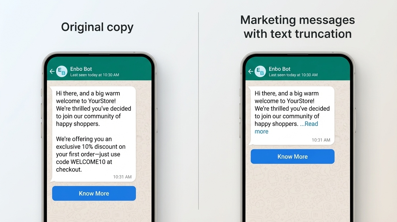 WhatsApp text truncation comparison showing original full message versus truncated message with read more button