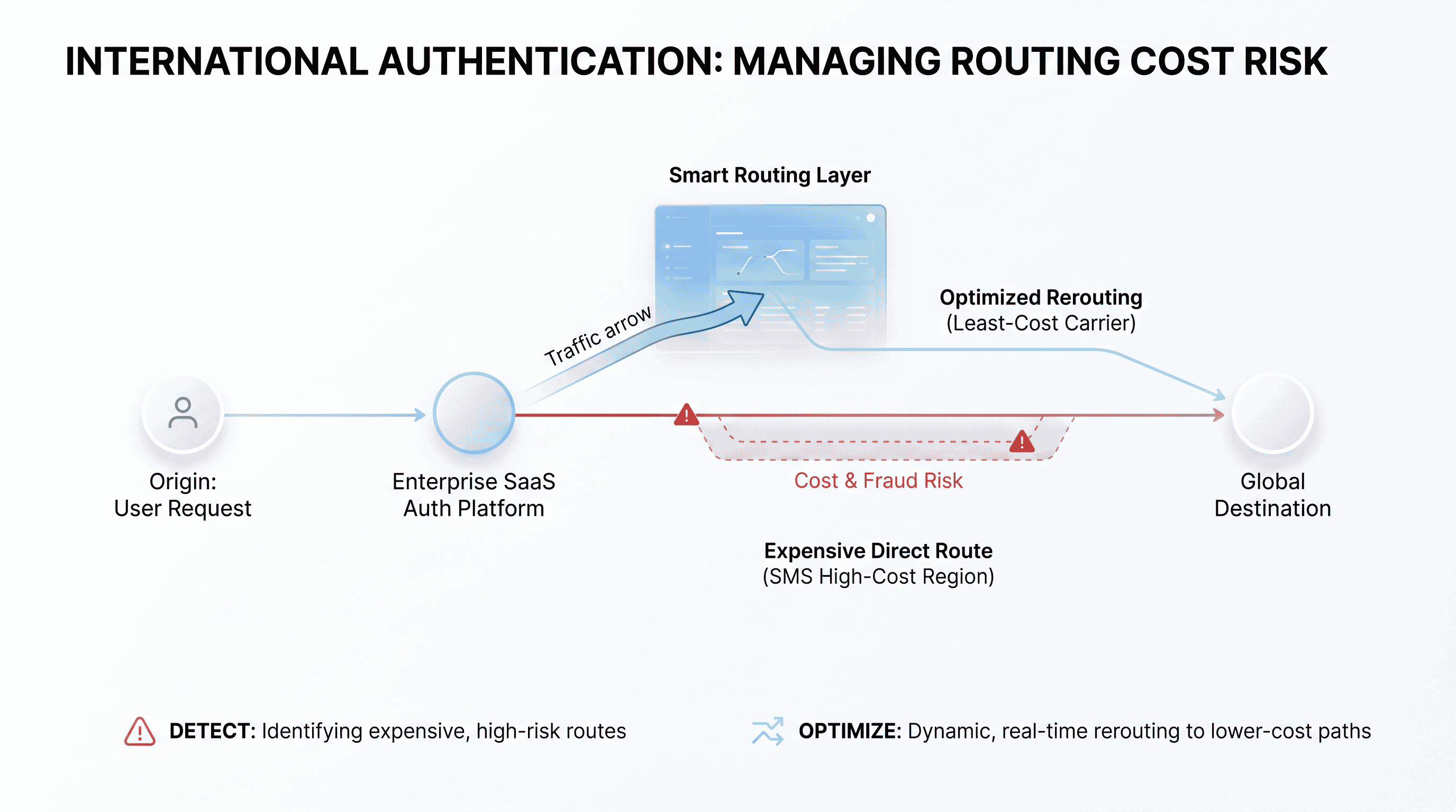 Simplified global routing visual showing expensive international authentication paths and optimized rerouting options